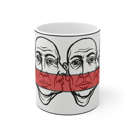 HotGossip - New Design 1 - 11oz Ceramic Mug Ambi Handle — Double Face Line Art with Red Stripe | Surreal Minimalist Coffee Cup