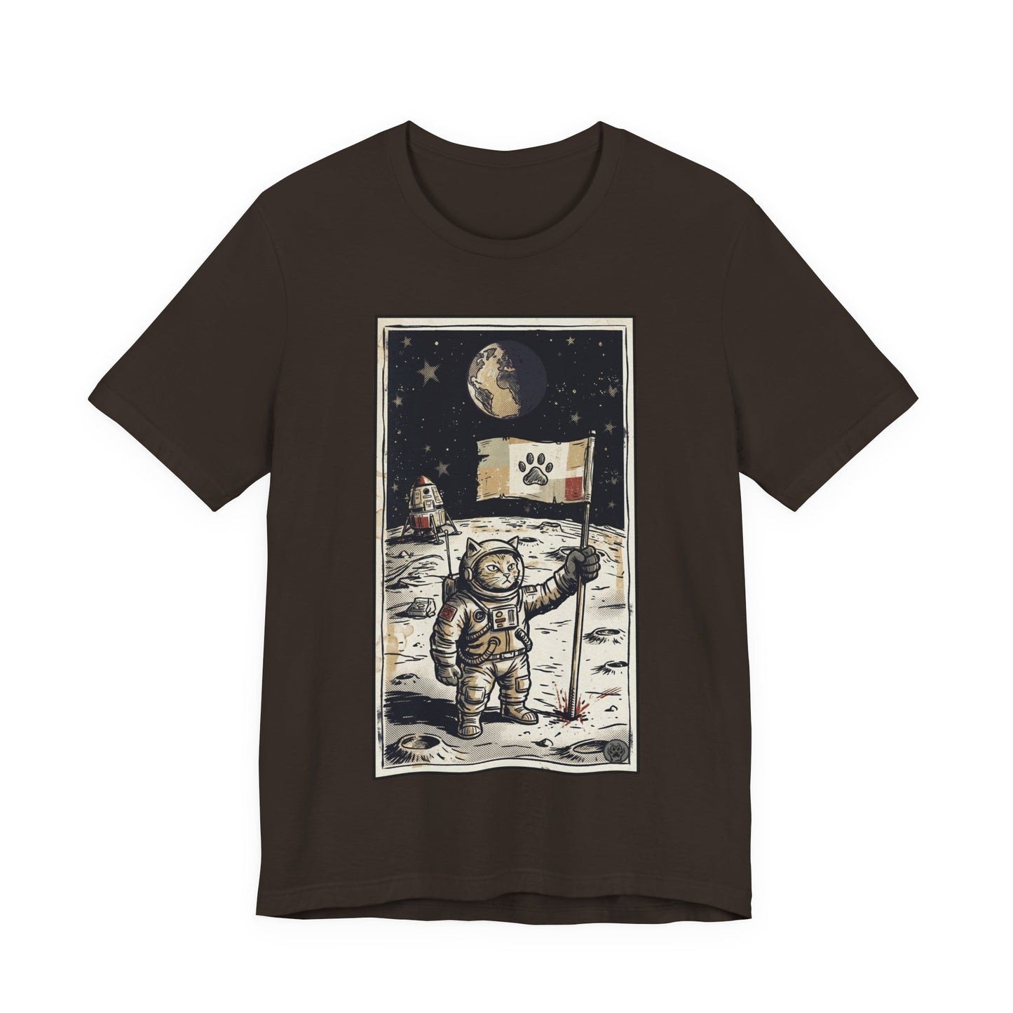 SpaceCat - Conquers The Moon! - Astronaut Cat Moon T-Shirt — Vintage Styled Space Kitty Flag Tee