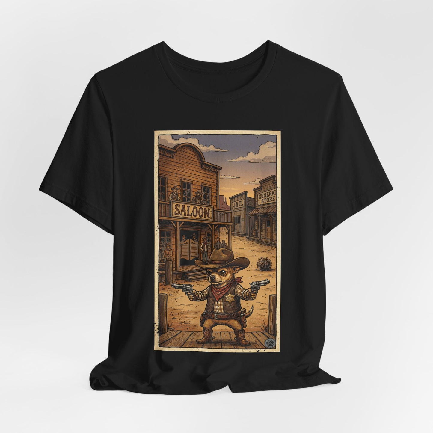 SheriffPaco - Vertical - Chihuahua Sheriff Western Saloon Showdown T-Shirt — Vintage Cowboy Sheriff Puppy Dog Graphic Tee