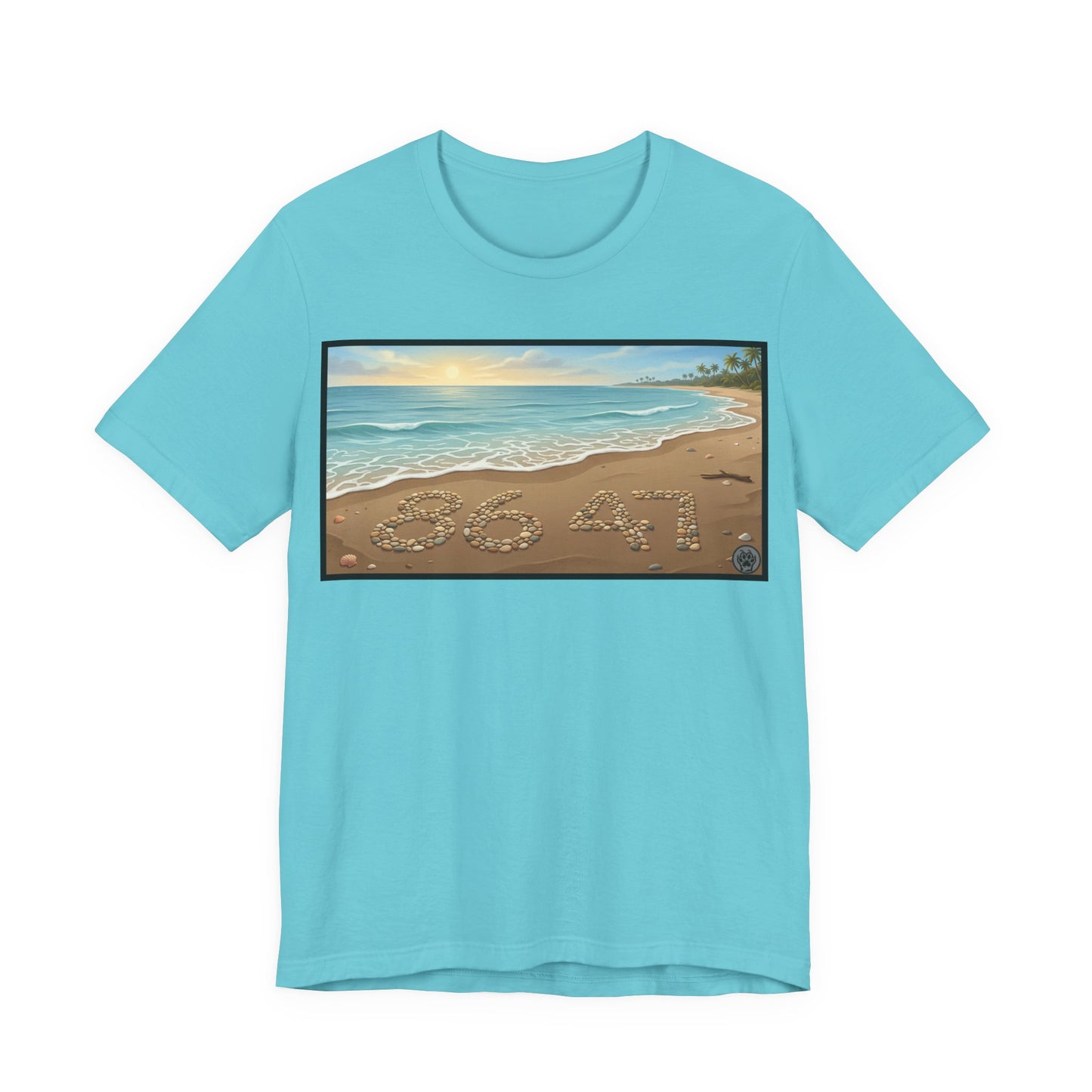 A Nice Day At The Beach - Horizontal V2 - Beach Sunset T-Shirt with '86 47' Sand Art – Coastal Vacation Tee