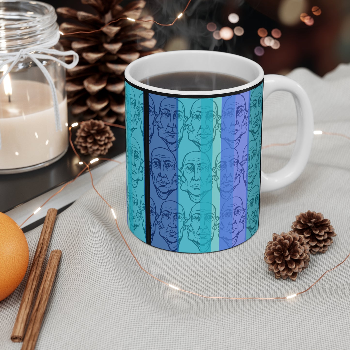 HotGossip - New Design in Blue - 11oz Mug Ambi Handle — Blue Gradient Modern Original Art Portrait Pattern 11oz Ceramic Coffee Mug