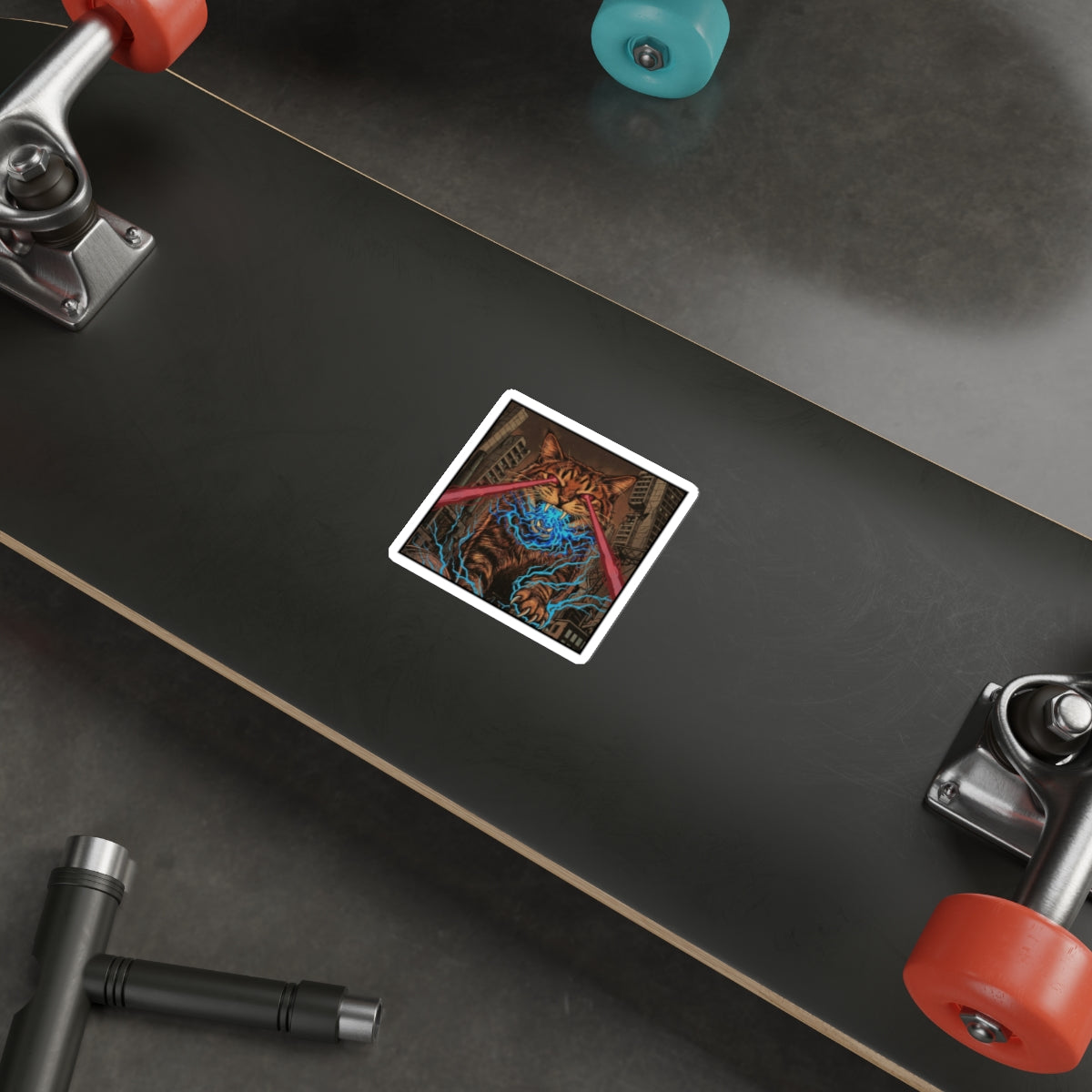 CityCat Attacks! - Dark - Red Lasers - Laser-Eyed Cat Die-Cut Sticker — Retro Kaiju City Illustration
