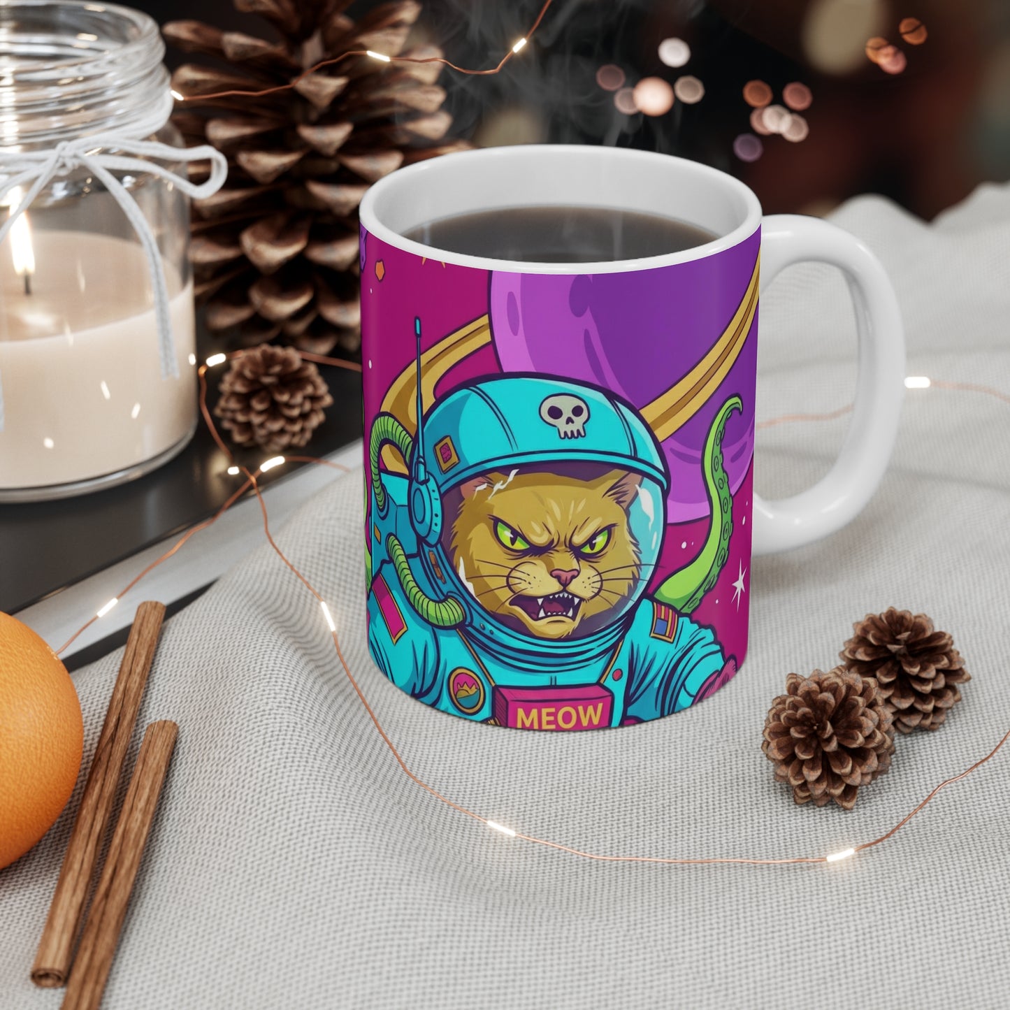 AlienCat Astronaut - Full Color - 11oz Mug Right Handle - Space Cat Astronaut Mug — Colorful Cosmic Kitty Coffee Tea Cup
