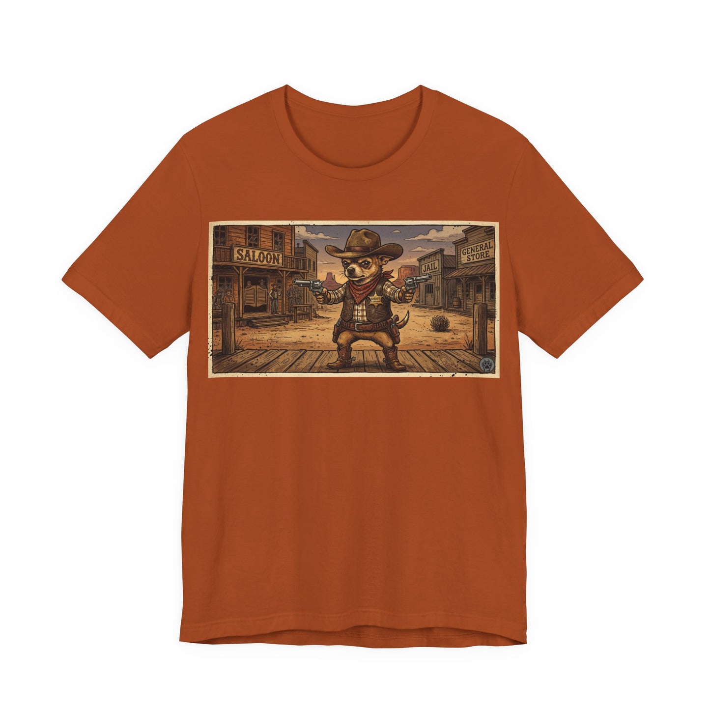 SheriffPaco - Horizontal - Western Cowboy Sheriff Chihuahua T-Shirt — Vintage Saloon Puppy Dog Graphic Tee