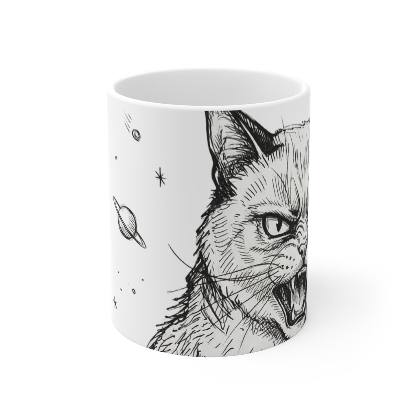 AlienCat In Space! - Big - 11oz Mug Right Handle — Vintage Black & White Astro Cat Coffee Cup