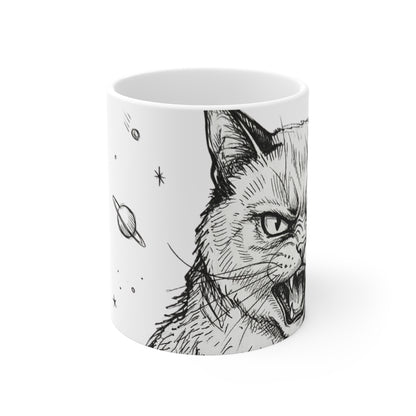 AlienCat In Space! - Big - 11oz Mug Right Handle — Vintage Black & White Astro Cat Coffee Cup