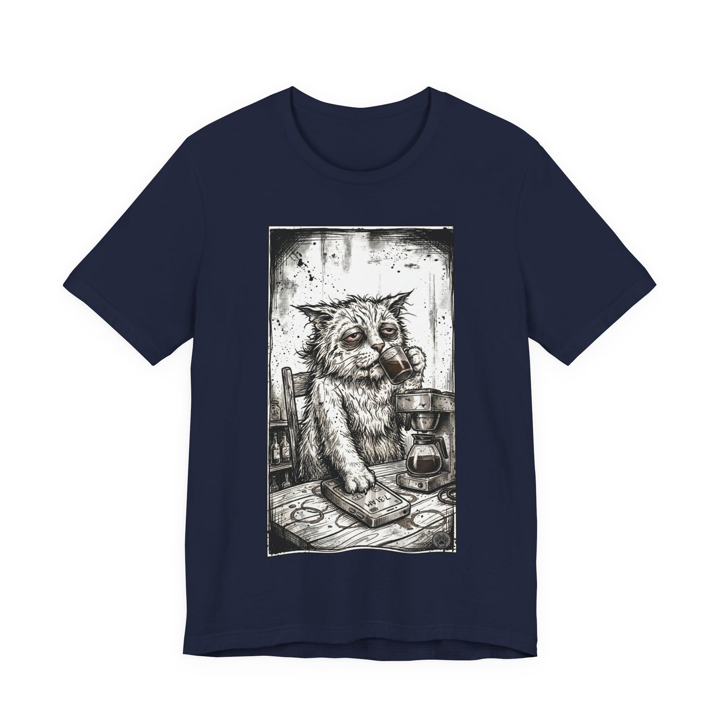 Scraps "GFM" - Cat Drinking Coffee T-Shirt — Tired Depressed Cat Graphic Tee