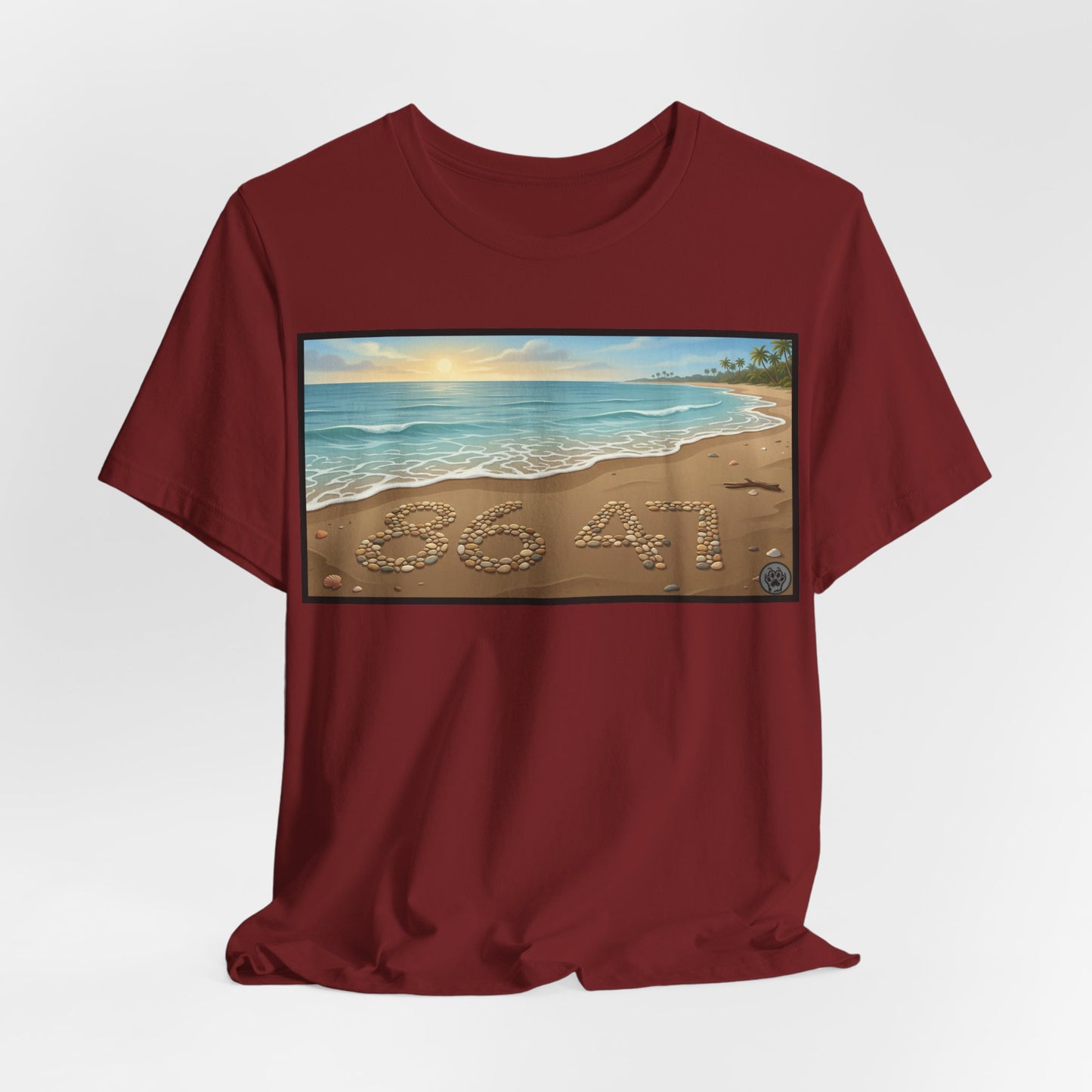 A Nice Day At The Beach - Horizontal V2 - Beach Sunset T-Shirt with '86 47' Sand Art – Coastal Vacation Tee