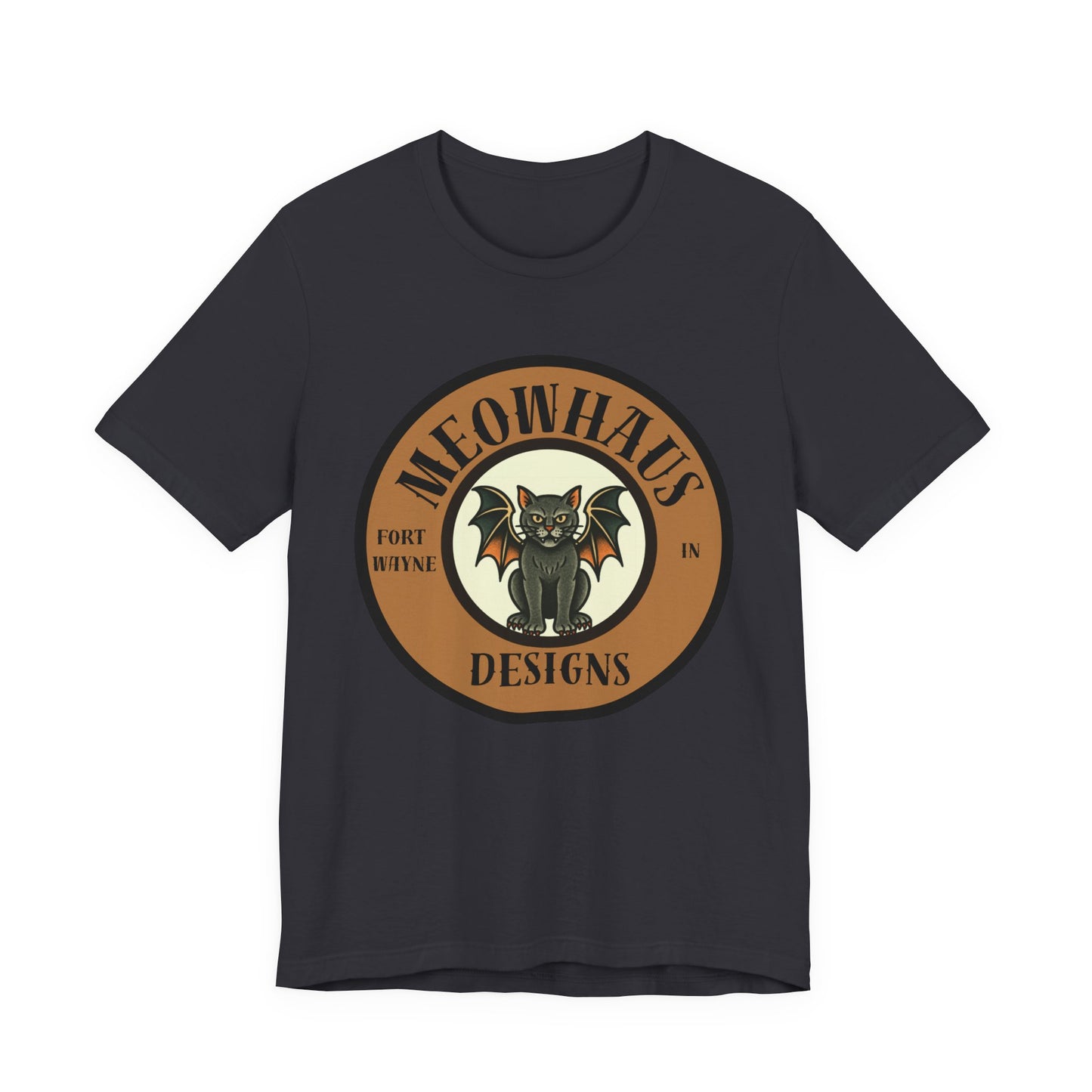 Meowhaus Designs Cat Circle Logo T-Shirt - Vintage Tattoo Cat-Bat Design