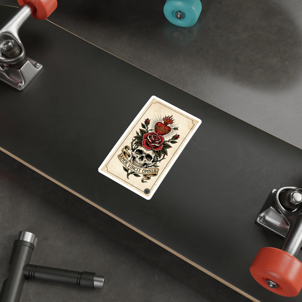 AVO-1 Sticker — Vintage 'Amor Vincit Omnia' Skull & Rose Die-Cut Tattoo Sticker