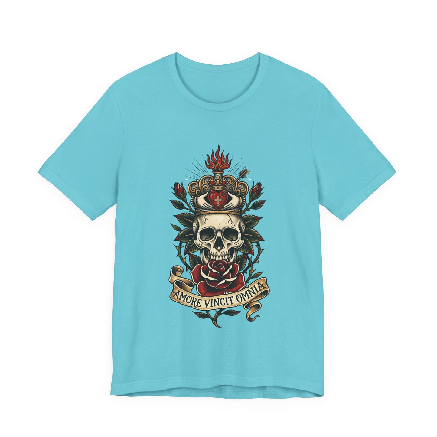 Skull Claddagh Crown Classic Tattoo Tee – "Amore Vincit Omnia" Vintage Gothic Graphic T‑Shirt