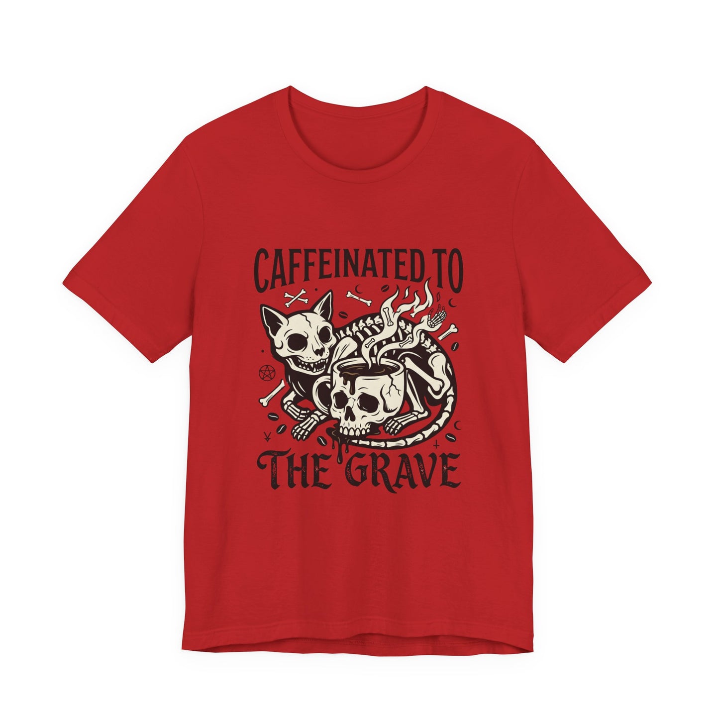 VOID - Caffeinated to the Grave Tee — Gothic Skull & Cat Coffee Shirt