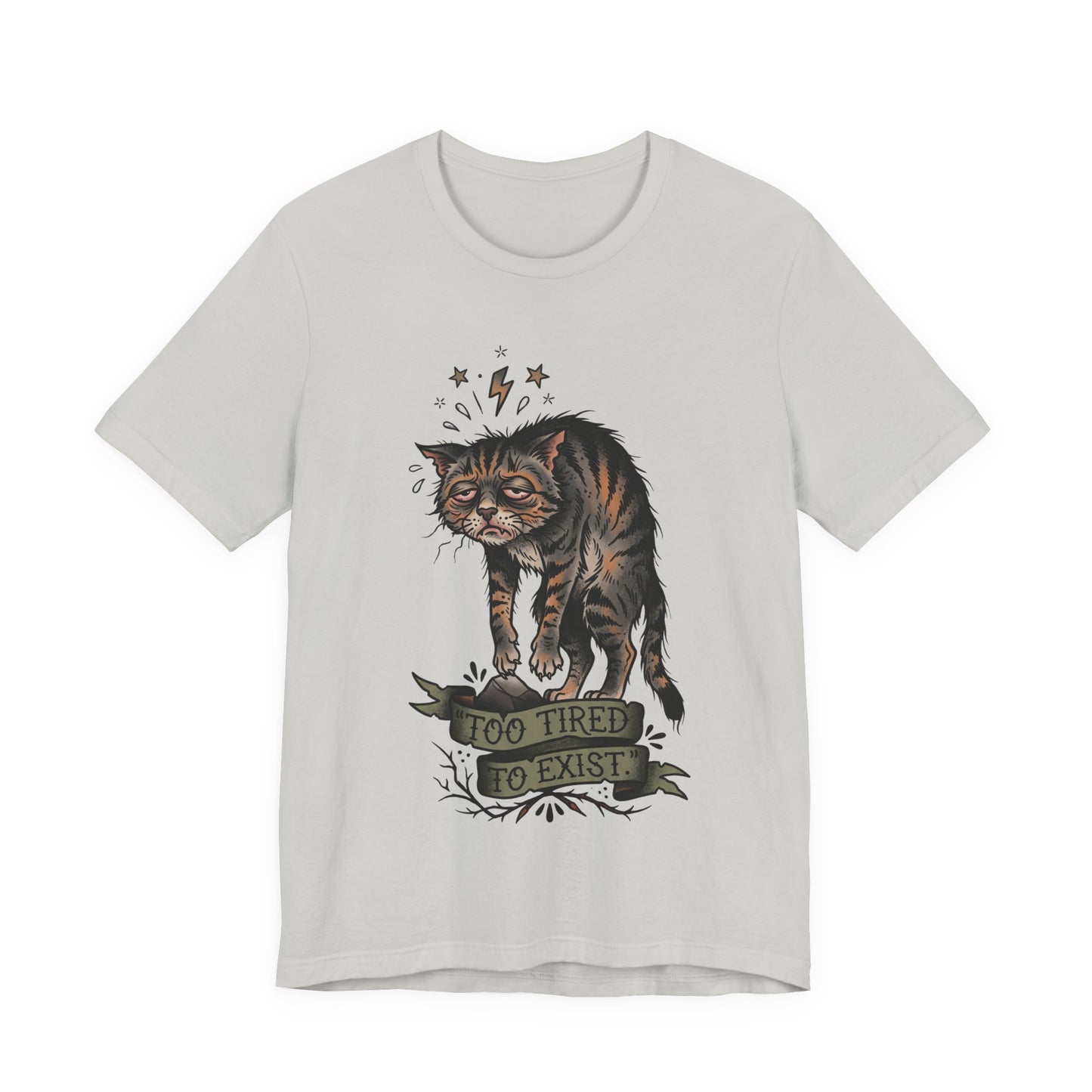 VOID - Too Tired to Exist Cat T‑Shirt — Funny Goth Sleepy Cat Tee