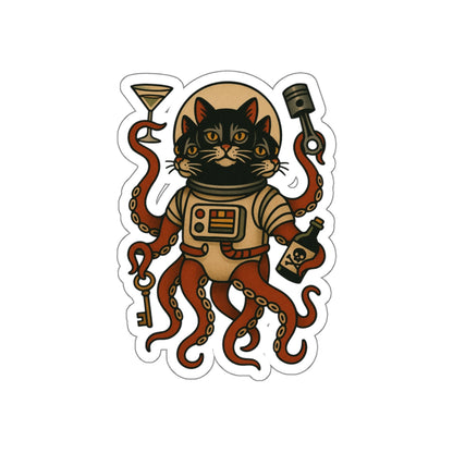 AlienCat Astronaut Vintage Tattoo Design Cat Die-Cut Sticker – Retro Space Kitty with Tentacles