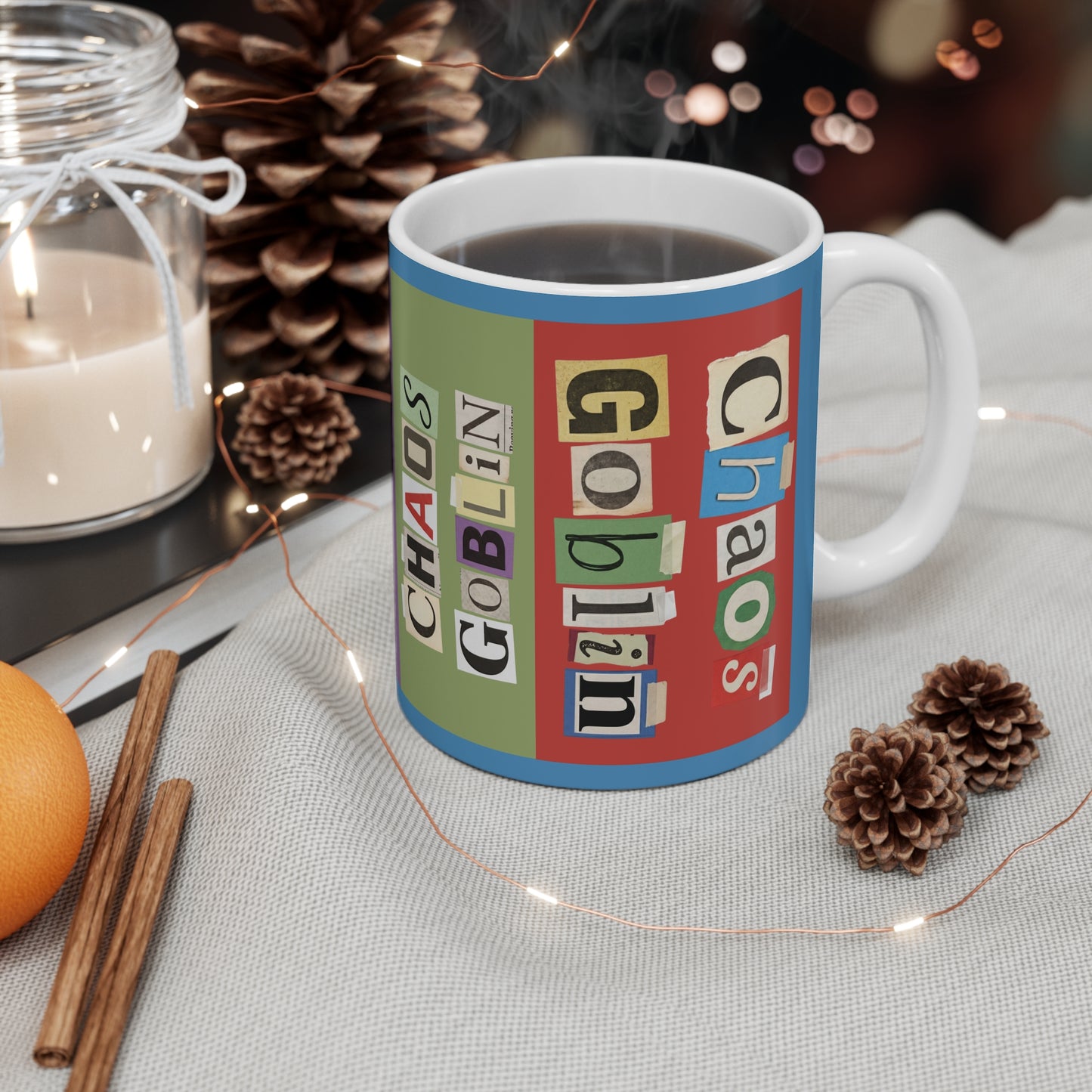 Chaos Goblin Mug — Funny Ransom-Note Style Coffee Cup