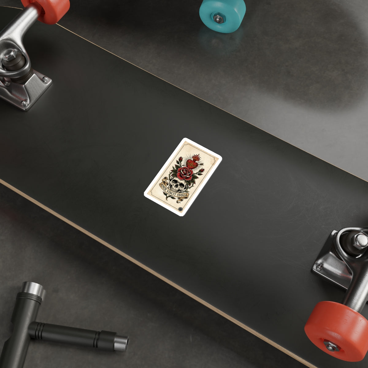 AVO-1 Sticker — Vintage 'Amor Vincit Omnia' Skull & Rose Die-Cut Tattoo Sticker