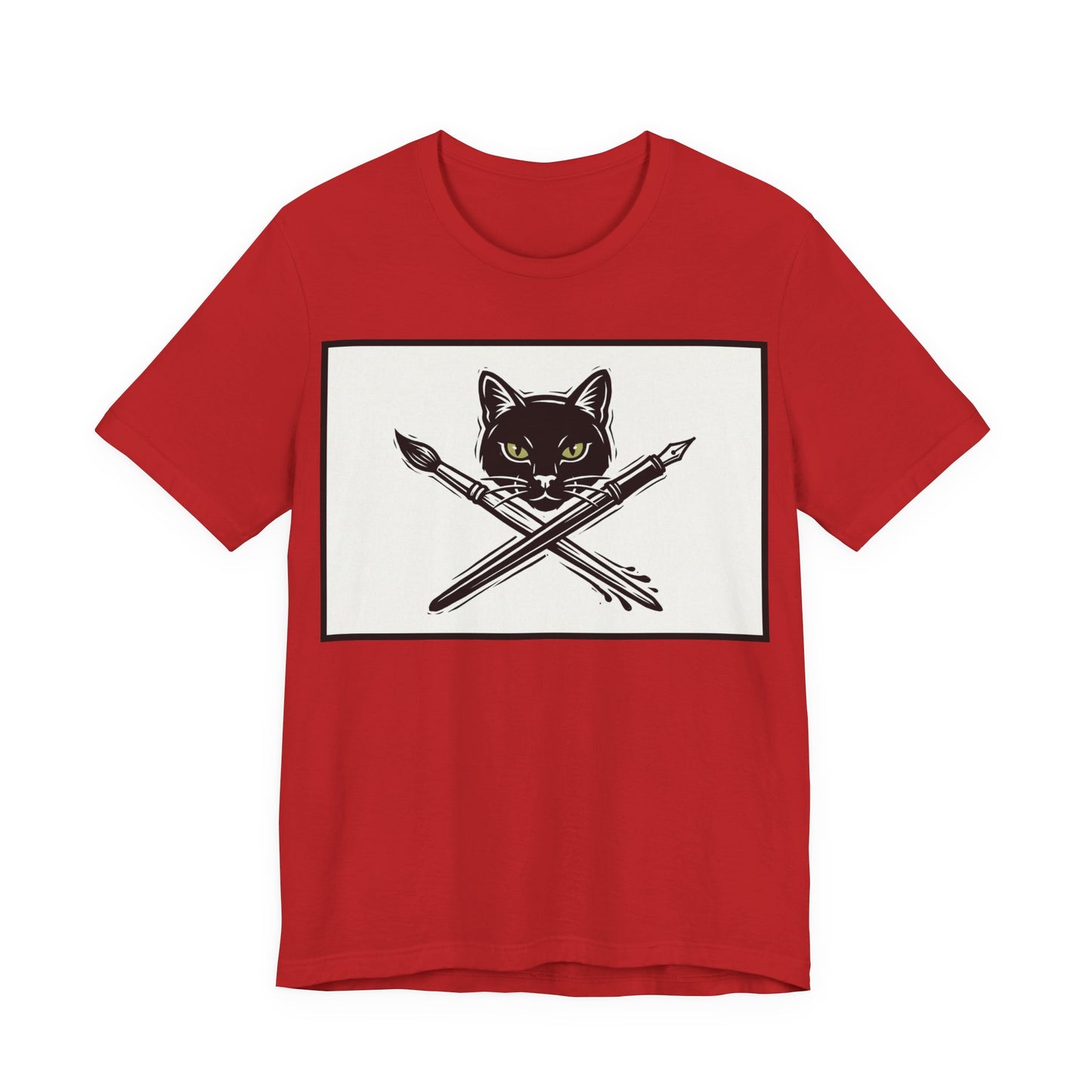 Creative Cat T‑Shirt – Black Cat with Crossed Paintbrush & Pen Graphic