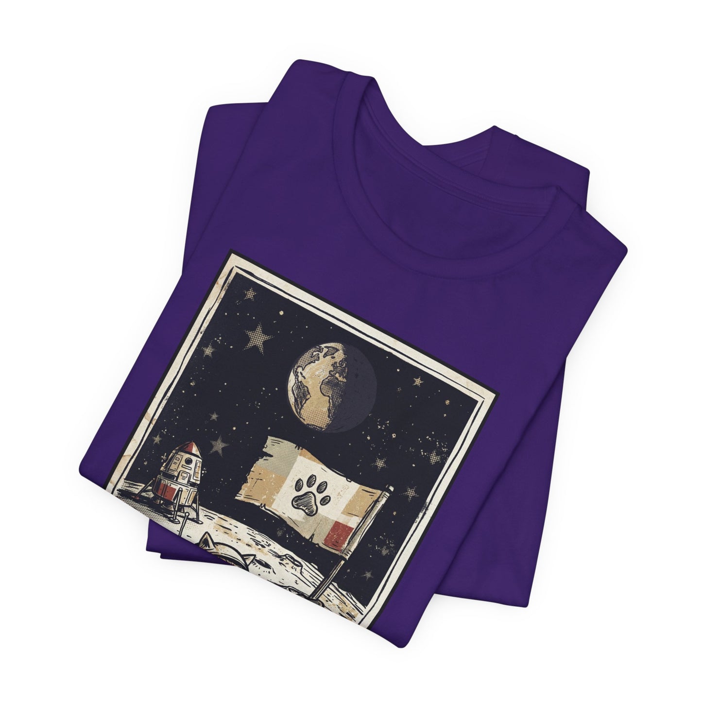 SpaceCat - Conquers The Moon! - Astronaut Cat Moon T-Shirt — Vintage Styled Space Kitty Flag Tee