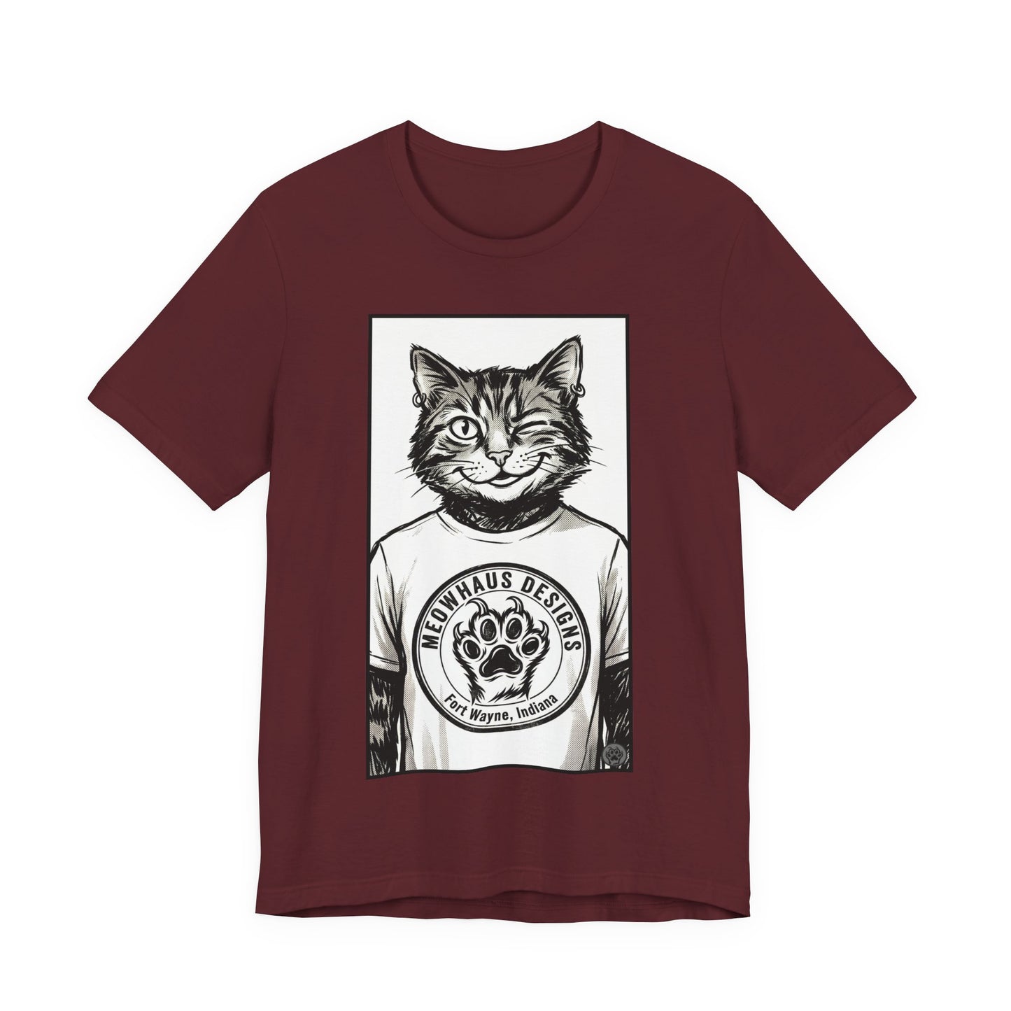 WinkyCat - Wearing the MHD Logo T-Shirt - Cat Portrait T‑Shirt — Retro Graphic Cat Wearing Logo Tee