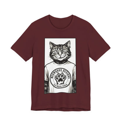WinkyCat - Wearing the MHD Logo T-Shirt - Cat Portrait T‑Shirt — Retro Graphic Cat Wearing Logo Tee