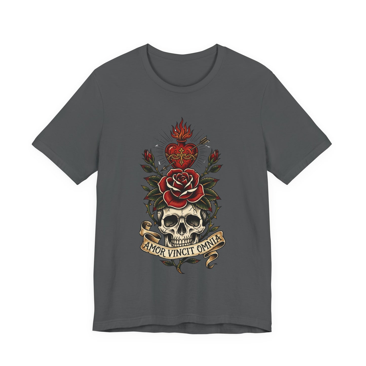 AVO - Tattoo T-Shirt — 'Amor Vincit Omnia' Skull & Rose Sacred Heart Tee