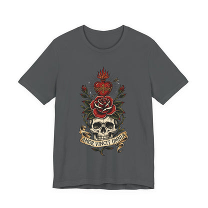 AVO - Tattoo T-Shirt — 'Amor Vincit Omnia' Skull & Rose Sacred Heart Tee