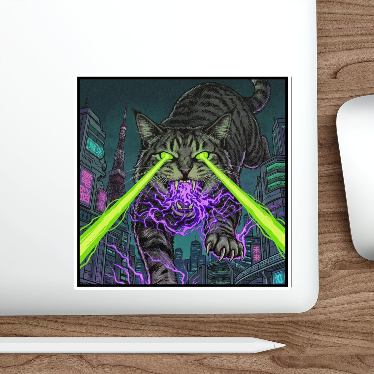 CityCat Attacks! - Green Lasers - Laser-Eyed Cat Sticker — Cyberpunk Neon City Die-Cut Sticker