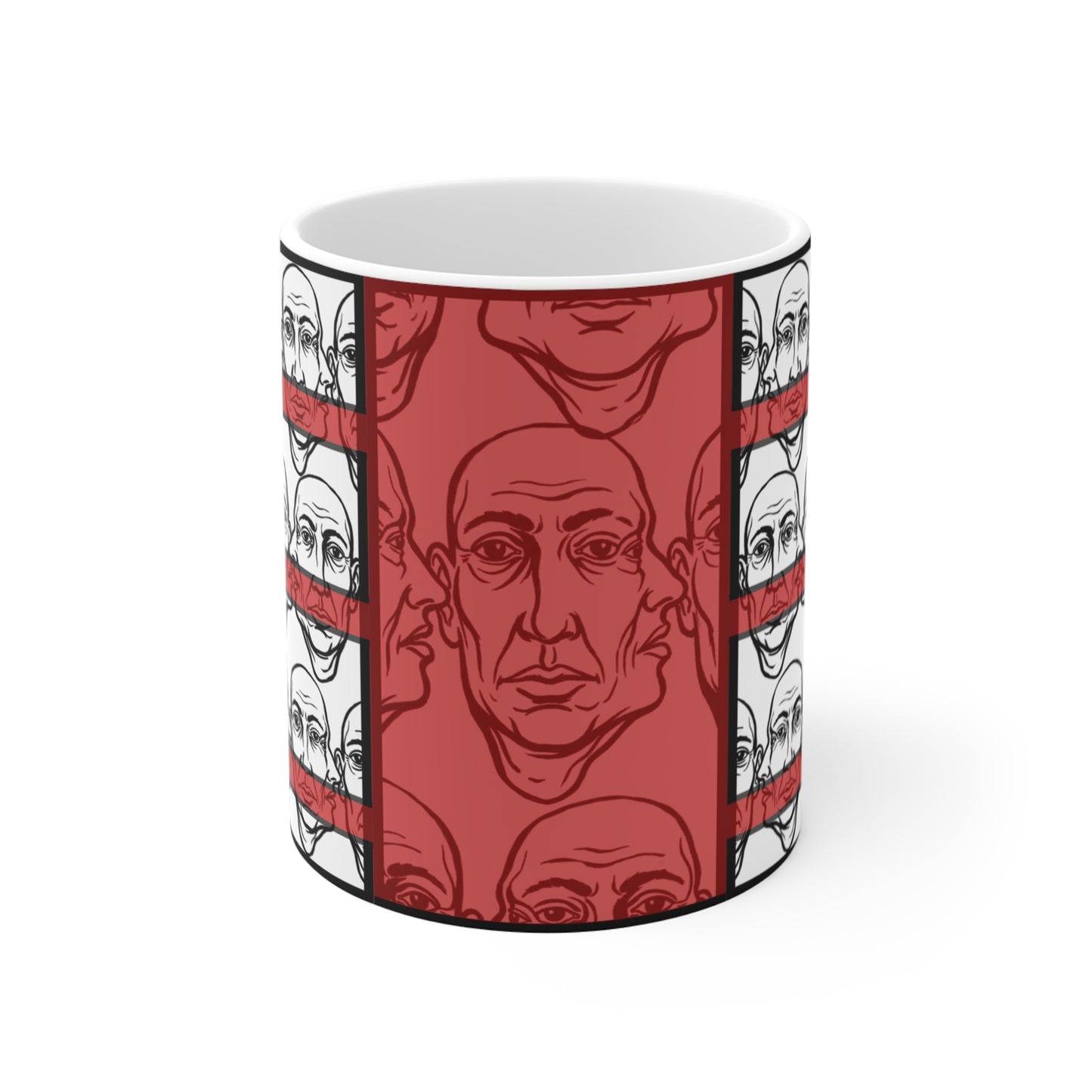 HotGossip - New Design 3 - 11oz Ceramic Mug Ambi Handle — Retro Red Face Pattern Modern Original Art Coffee Cup