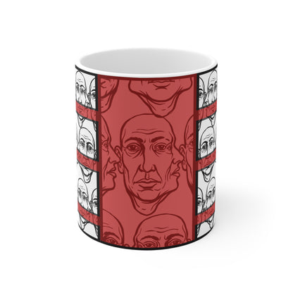 HotGossip - New Design 3 - 11oz Ceramic Mug Ambi Handle — Retro Red Face Pattern Modern Original Art Coffee Cup