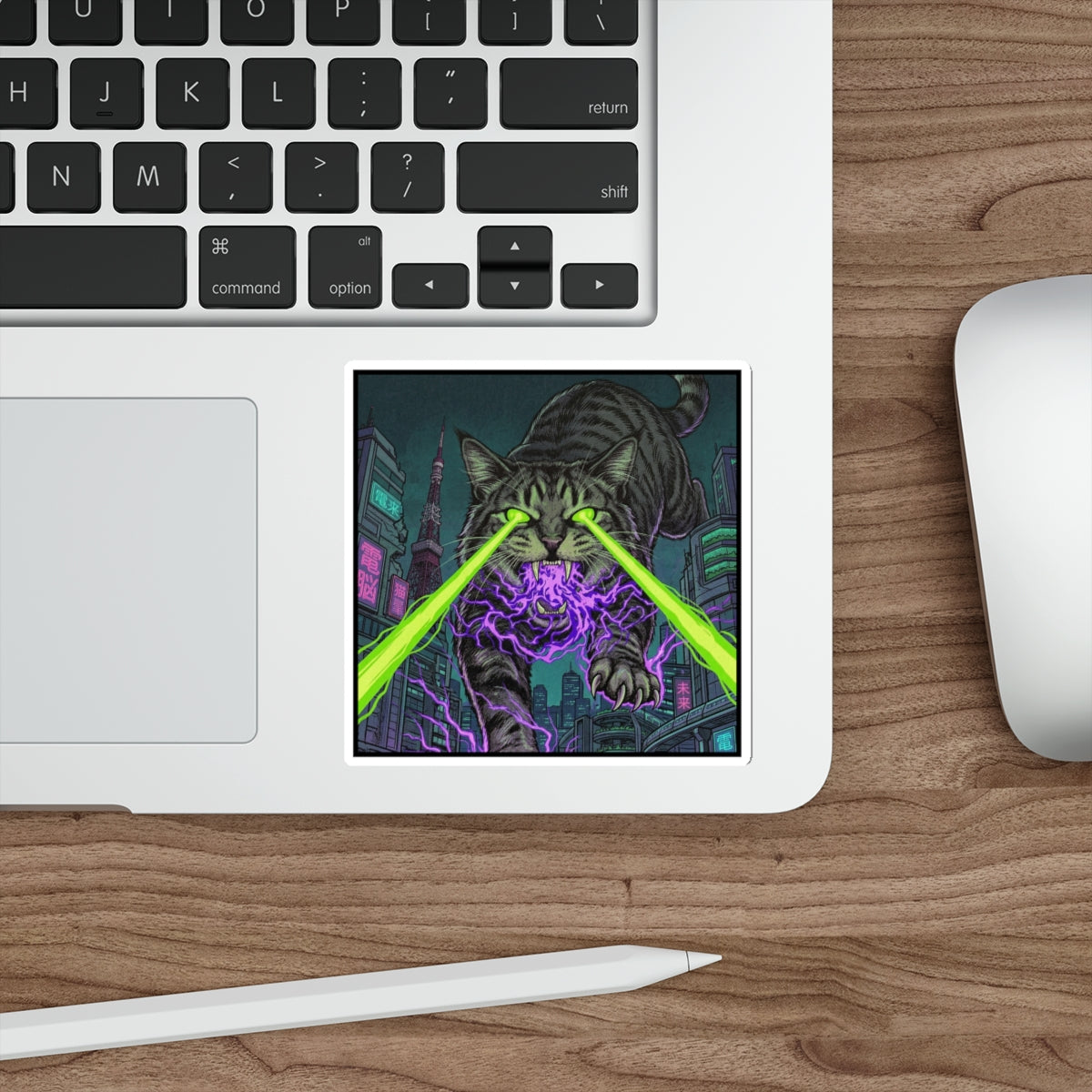 CityCat Attacks! - Green Lasers - Laser-Eyed Cat Sticker — Cyberpunk Neon City Die-Cut Sticker