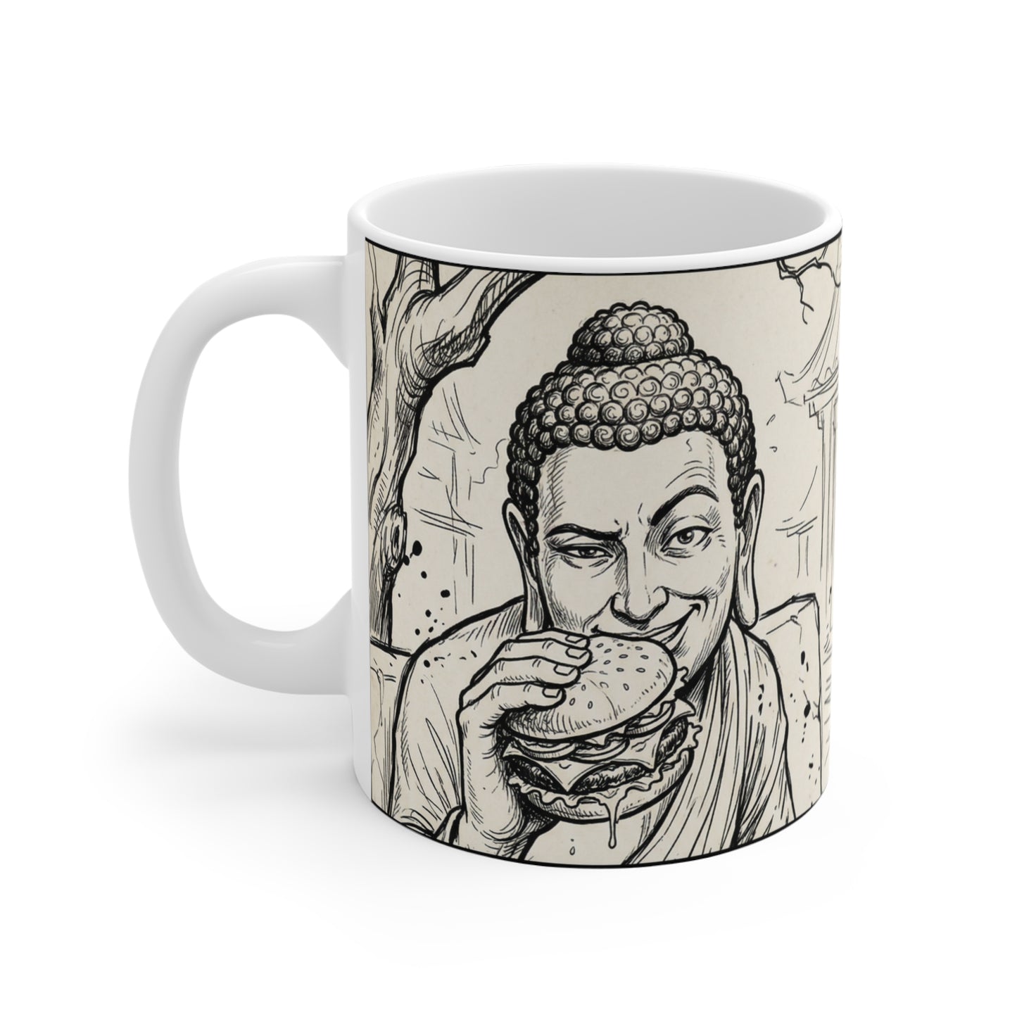 BadBuddha - Cheeseburger - 11oz Mug Left Handle - Buddha Eating Burger Ceramic Mug — Funny Zen Coffee Cup (11 oz)