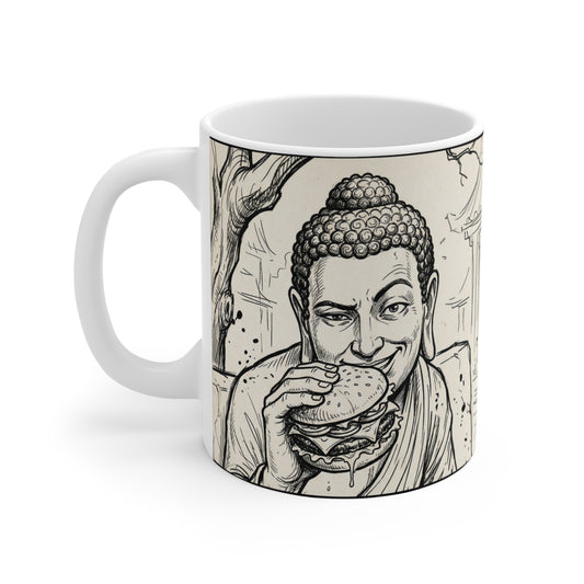 BadBuddha - Cheeseburger - 11oz Mug Left Handle - Buddha Eating Burger Ceramic Mug — Funny Zen Coffee Cup (11 oz)