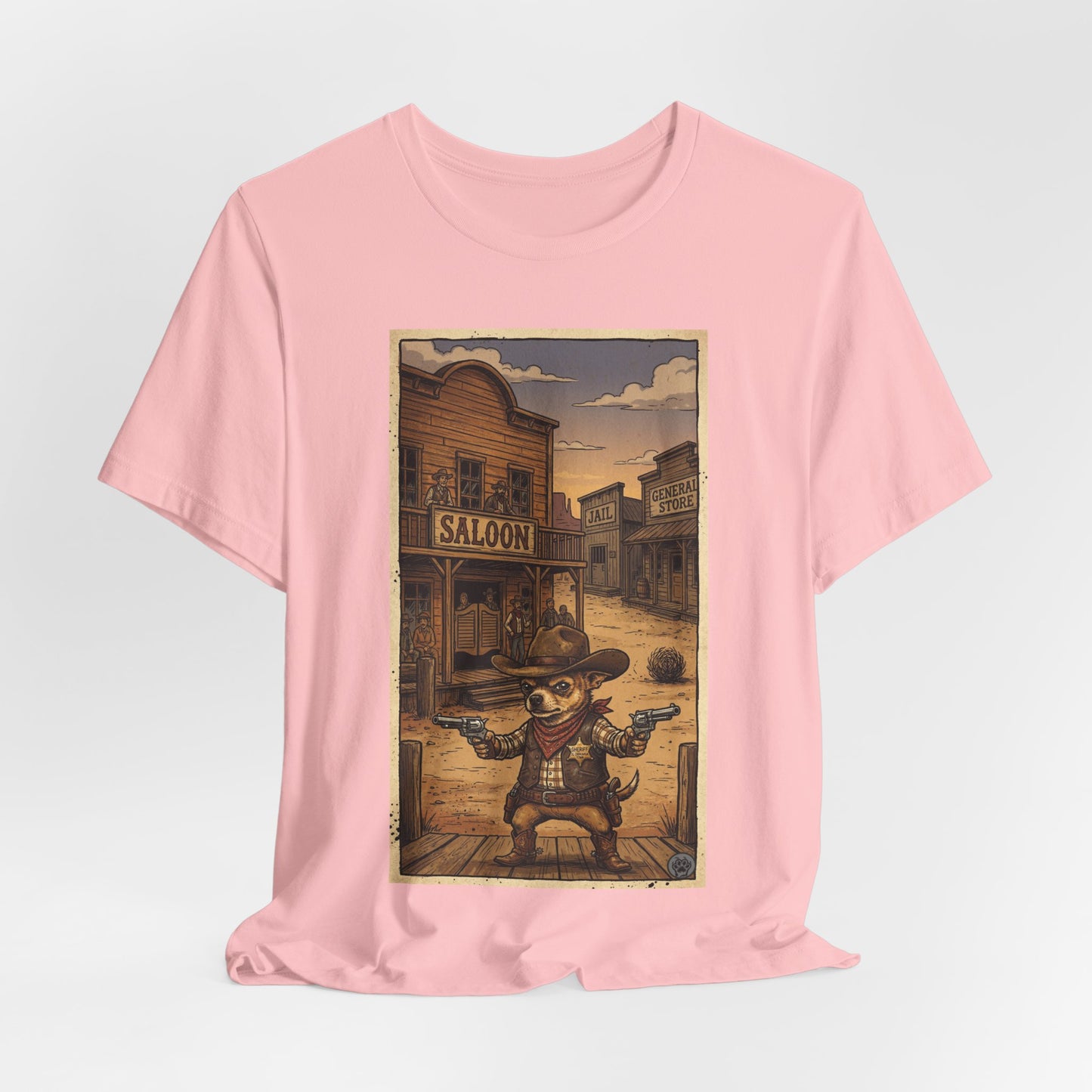 SheriffPaco - Vertical - Chihuahua Sheriff Western Saloon Showdown T-Shirt — Vintage Cowboy Sheriff Puppy Dog Graphic Tee
