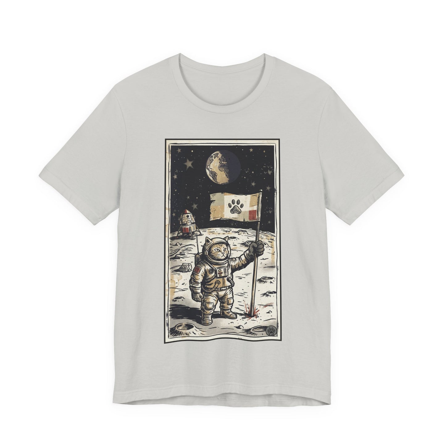 SpaceCat - Conquers The Moon! - Astronaut Cat Moon T-Shirt — Vintage Styled Space Kitty Flag Tee