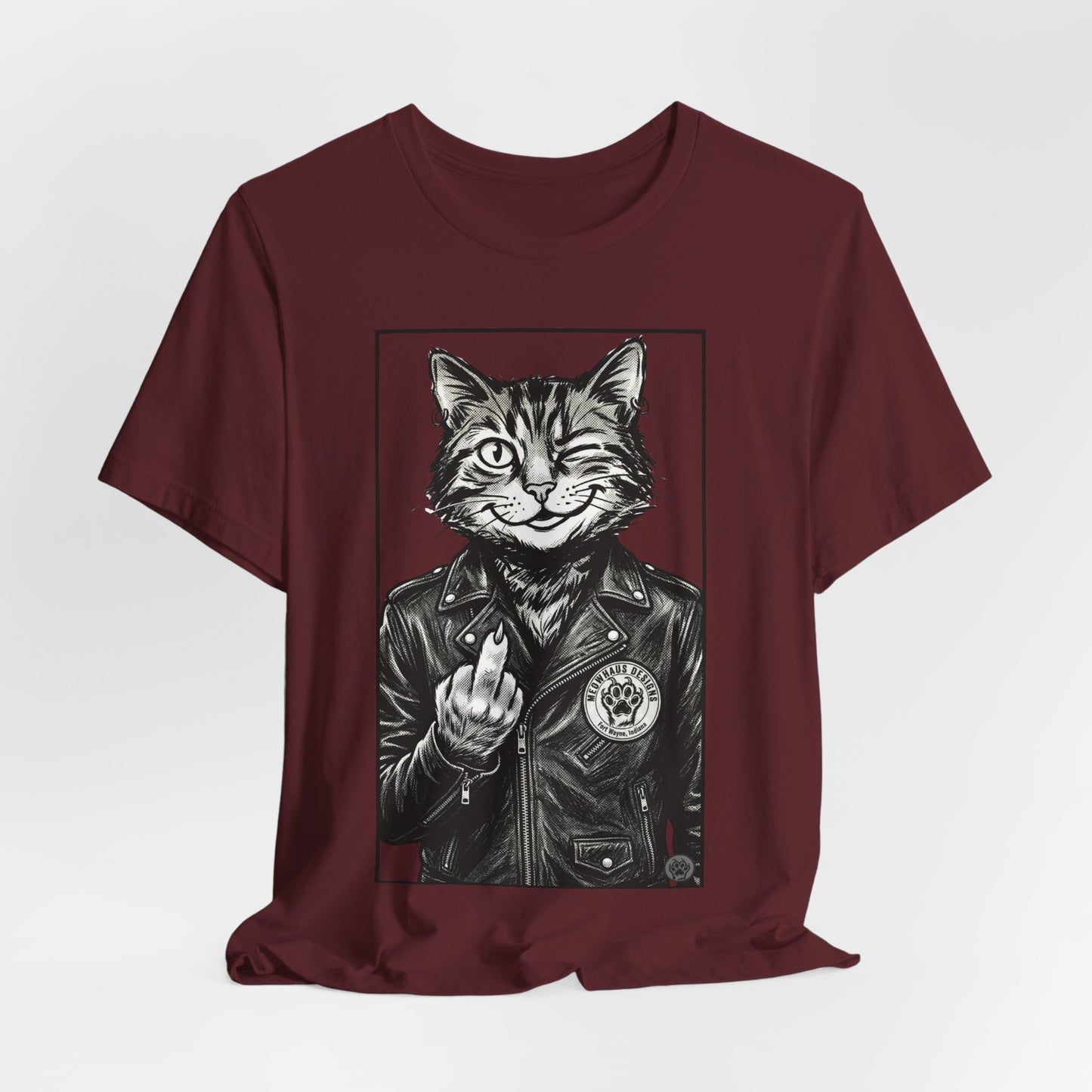 WinkyCat - Leather Jacket & Snarky Gesture - Cat Biker Tee — Grinning Cat in Leather Jacket Graphic T-Shirt