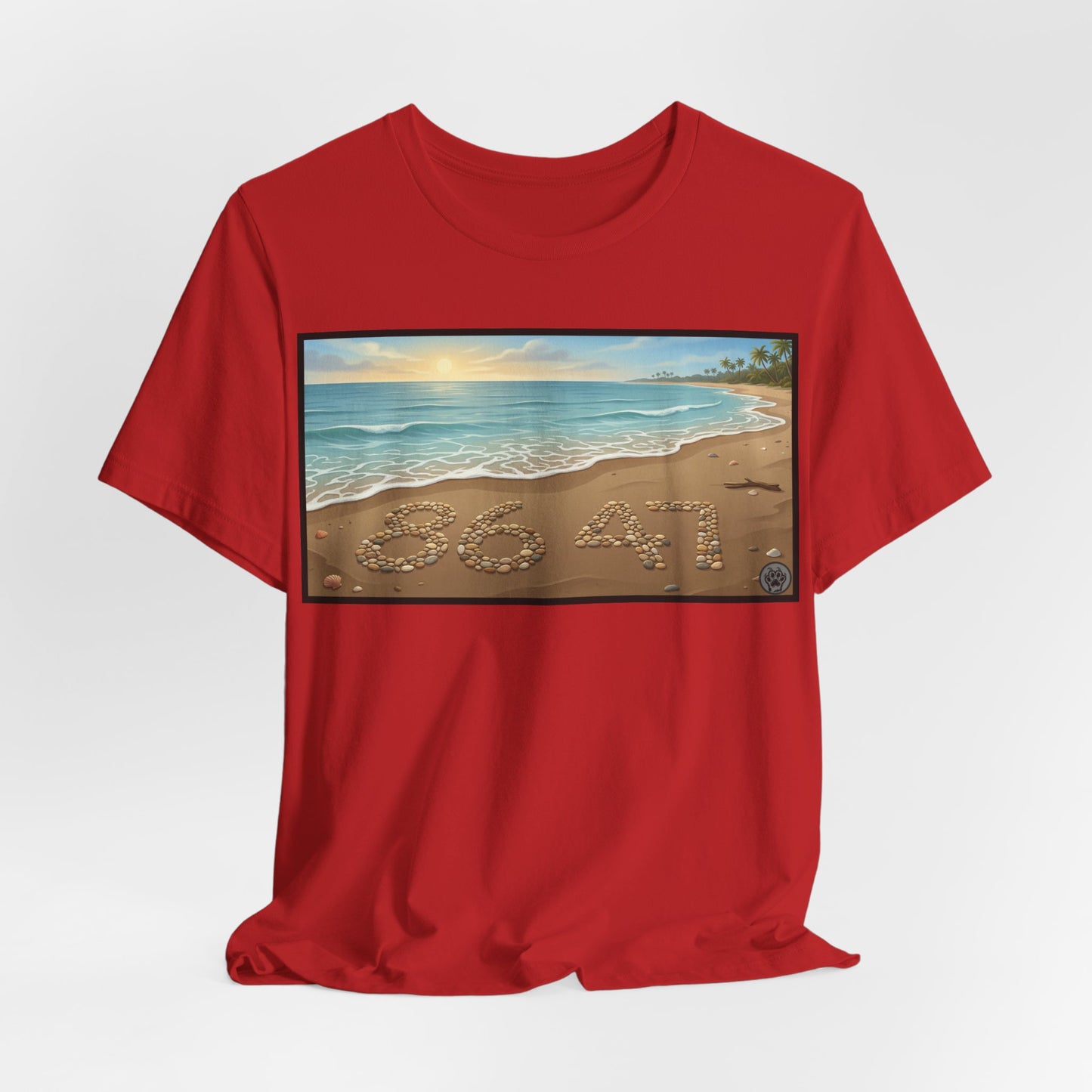 A Nice Day At The Beach - Horizontal V2 - Beach Sunset T-Shirt with '86 47' Sand Art – Coastal Vacation Tee