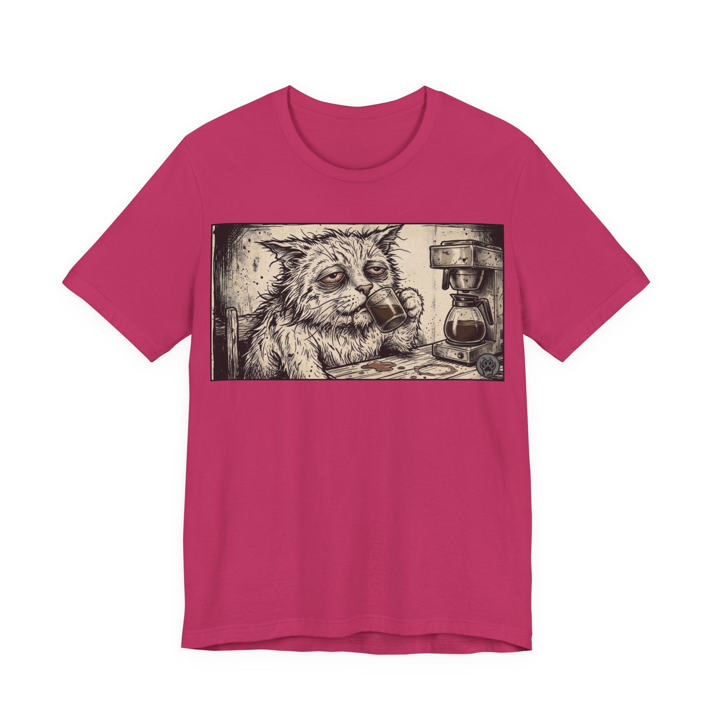 Scraps "GFM" Horizontal - Cat Drinking Coffee T‑Shirt — Vintage Sketch Tired Depressed Cat Drinking Coffee Graphic Tee