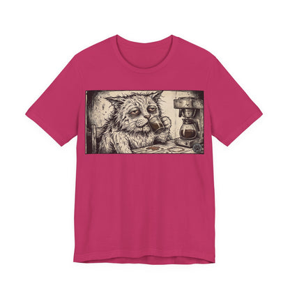 Scraps "GFM" Horizontal - Cat Drinking Coffee T‑Shirt — Vintage Sketch Tired Depressed Cat Drinking Coffee Graphic Tee