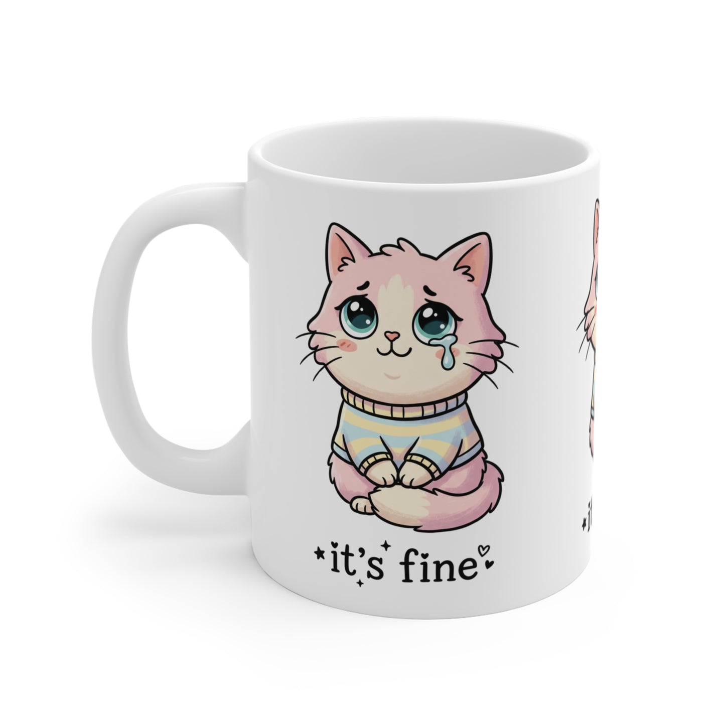 VOID - It's Fine Cat Mug — Cute Pastel Crying Cat 11oz Coffee Cup