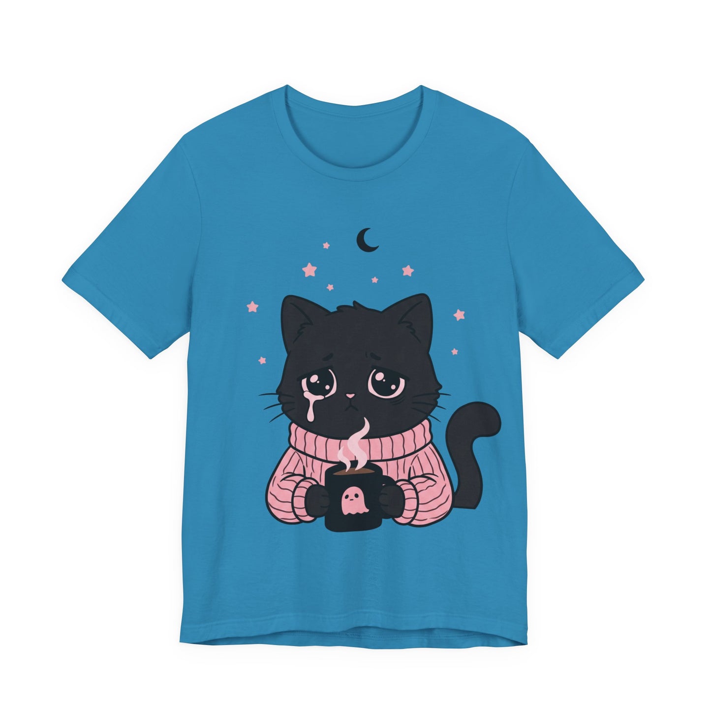 VOID - Cute Sad Black Cat Holding Hot Coffee T‑Shirt — Cozy Pink Sweater Kitty Tee