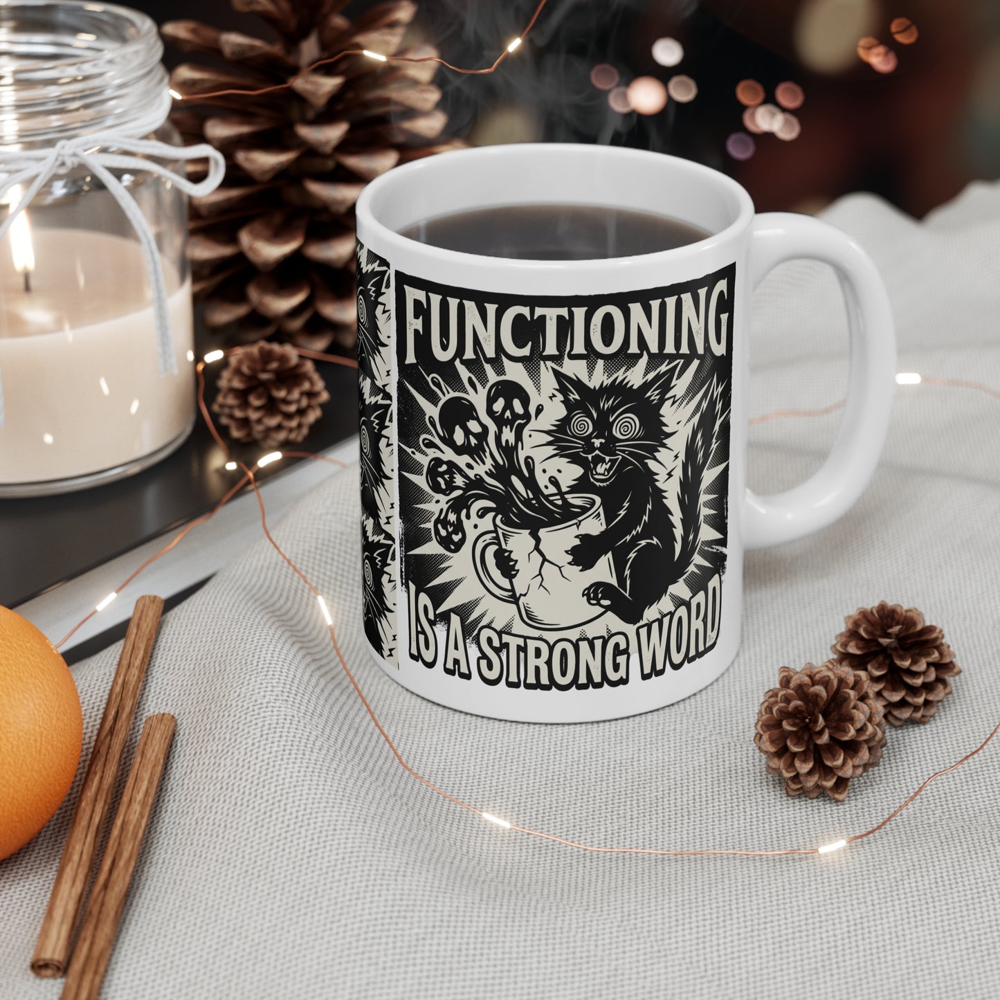 VOID - Functioning Is a Strong Word Coffee Mug — Black Goth Cat 11oz