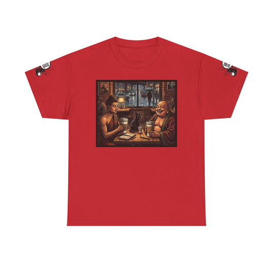 PBFMF w/SleeveQR - Buddha Night Cafe T‑Shirt — Relaxed Vintage Asian Tea House Art Tee