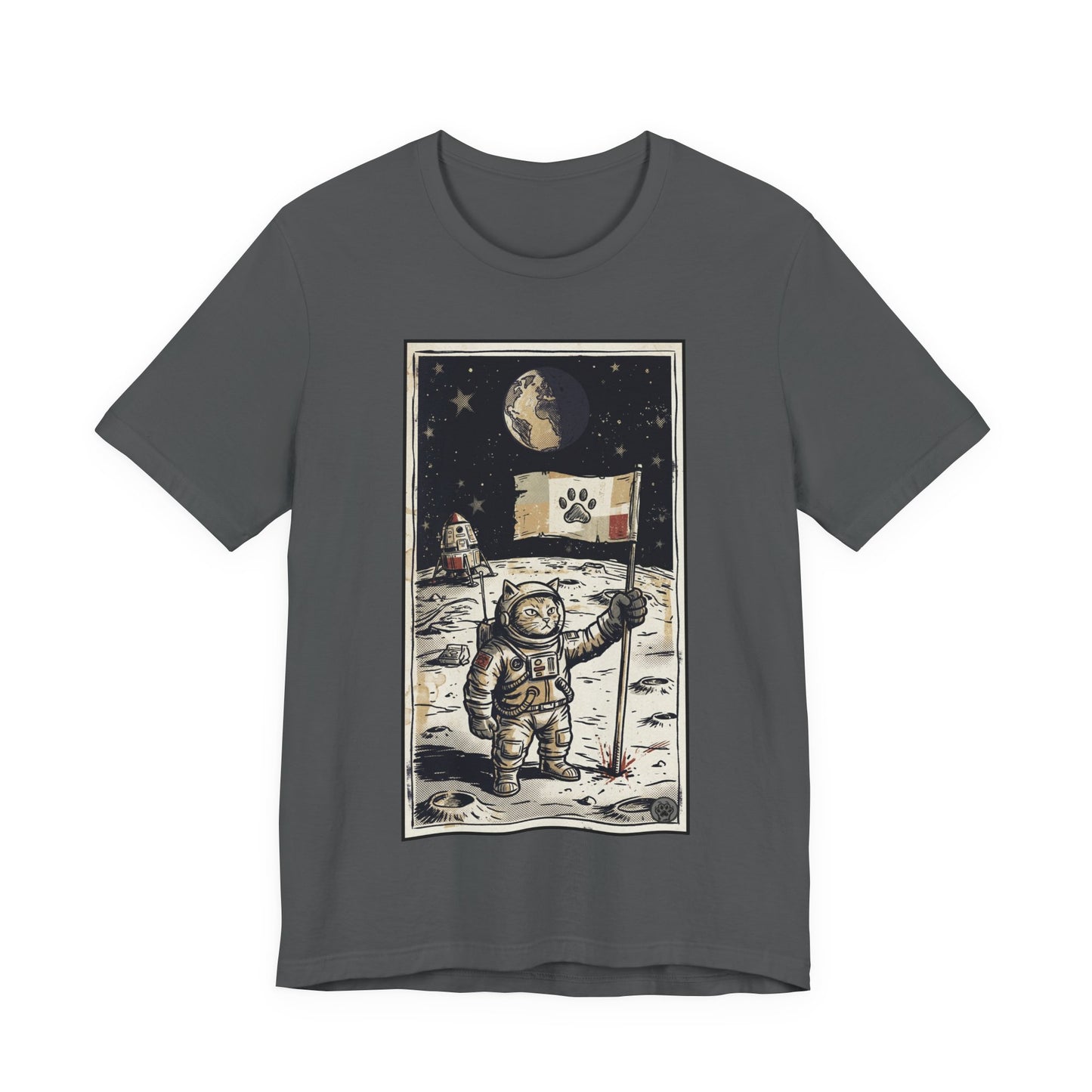 SpaceCat - Conquers The Moon! - Astronaut Cat Moon T-Shirt — Vintage Styled Space Kitty Flag Tee