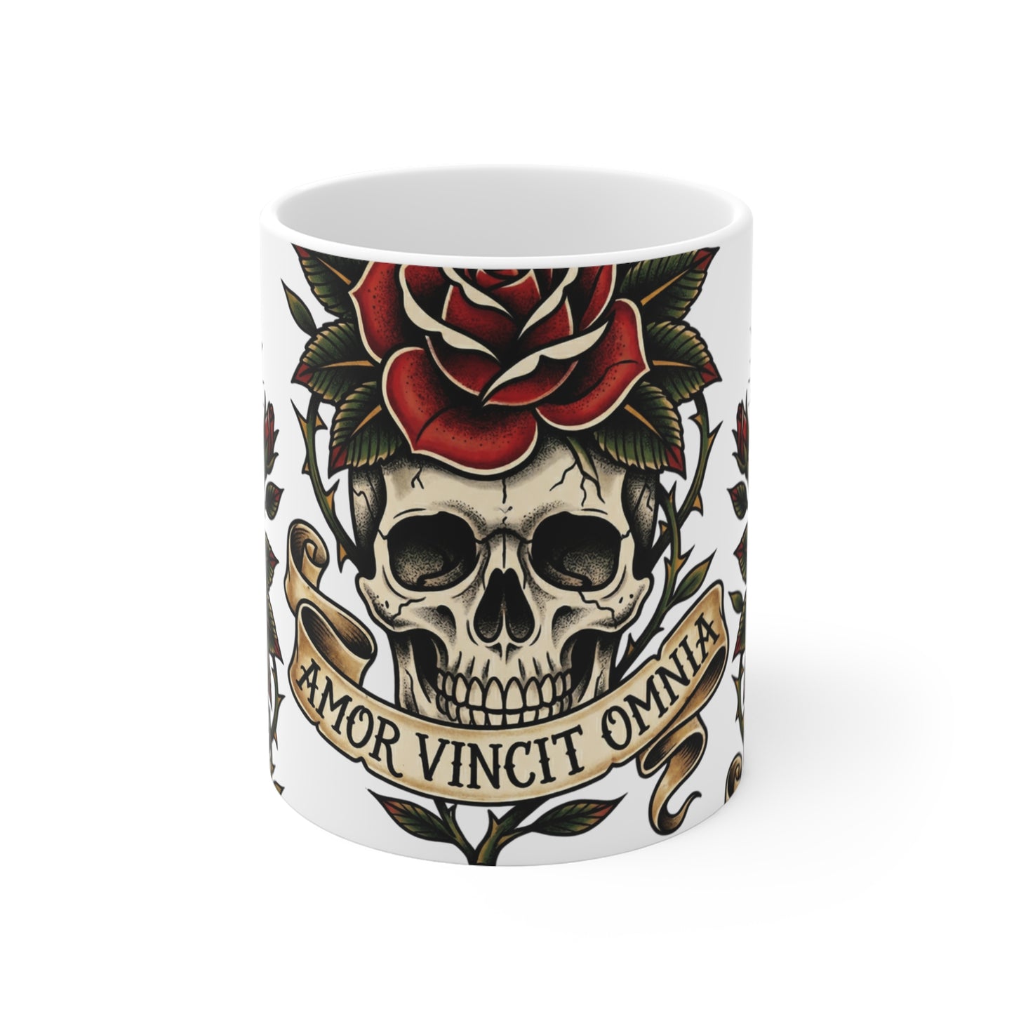 AVO - V1 #2 - 11oz Mug Ambi Handle — Skull & Rose 'Amor Vincit Omnia' Tattoo-Style Coffee Cup