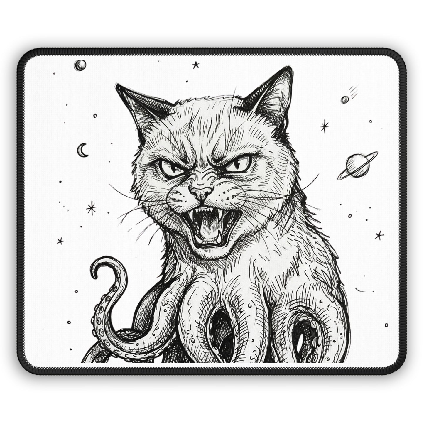 AlienCat In Space - Gaming Mouse Pad — Black & White Angry Cat with Tentacles