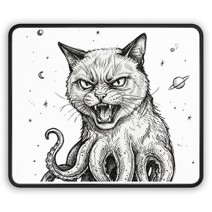 AlienCat In Space - Gaming Mouse Pad — Black & White Angry Cat with Tentacles