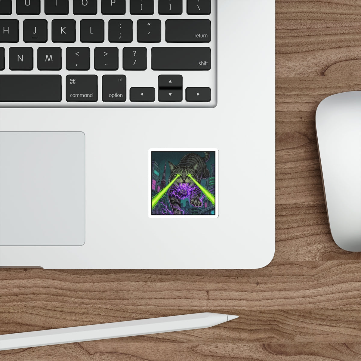 CityCat Attacks! - Green Lasers - Laser-Eyed Cat Sticker — Cyberpunk Neon City Die-Cut Sticker