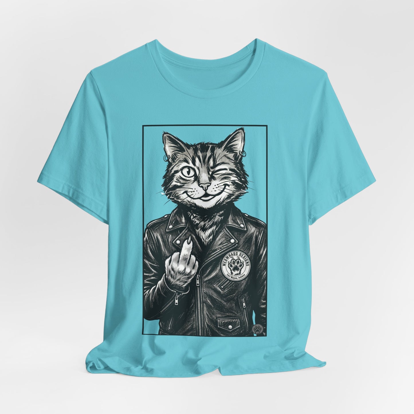 WinkyCat - Leather Jacket & Snarky Gesture - Cat Biker Tee — Grinning Cat in Leather Jacket Graphic T-Shirt