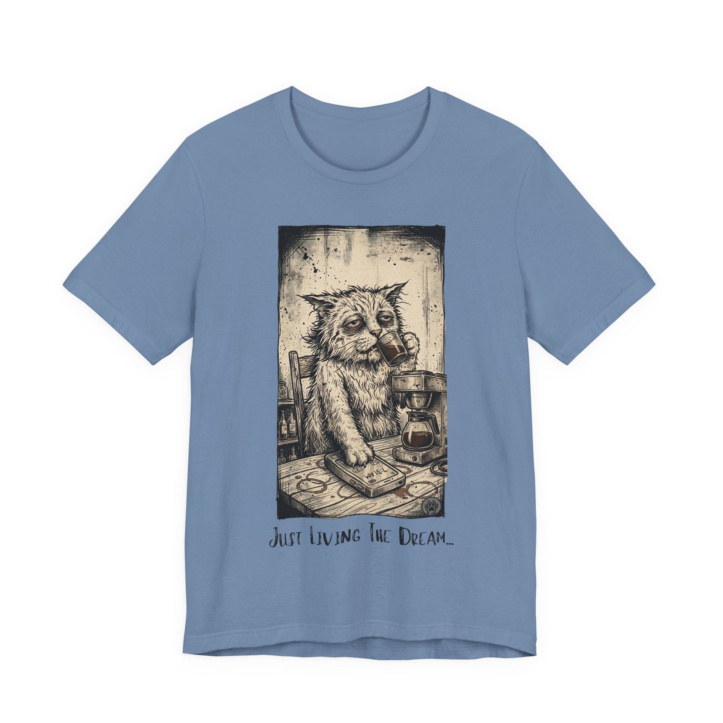 Scraps - Tired Cat Illustration Tee — "Just Living the Dream" Vintage Coffee Cat T-Shirt