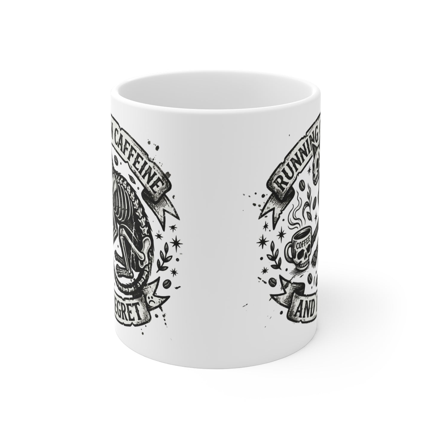 VOID - Running on Caffeine and Regret Coffee Mug — Skeleton Cat Skull Design, Gothic Coffee Cup, Funny Dark Humor Gift for Cat Lovers